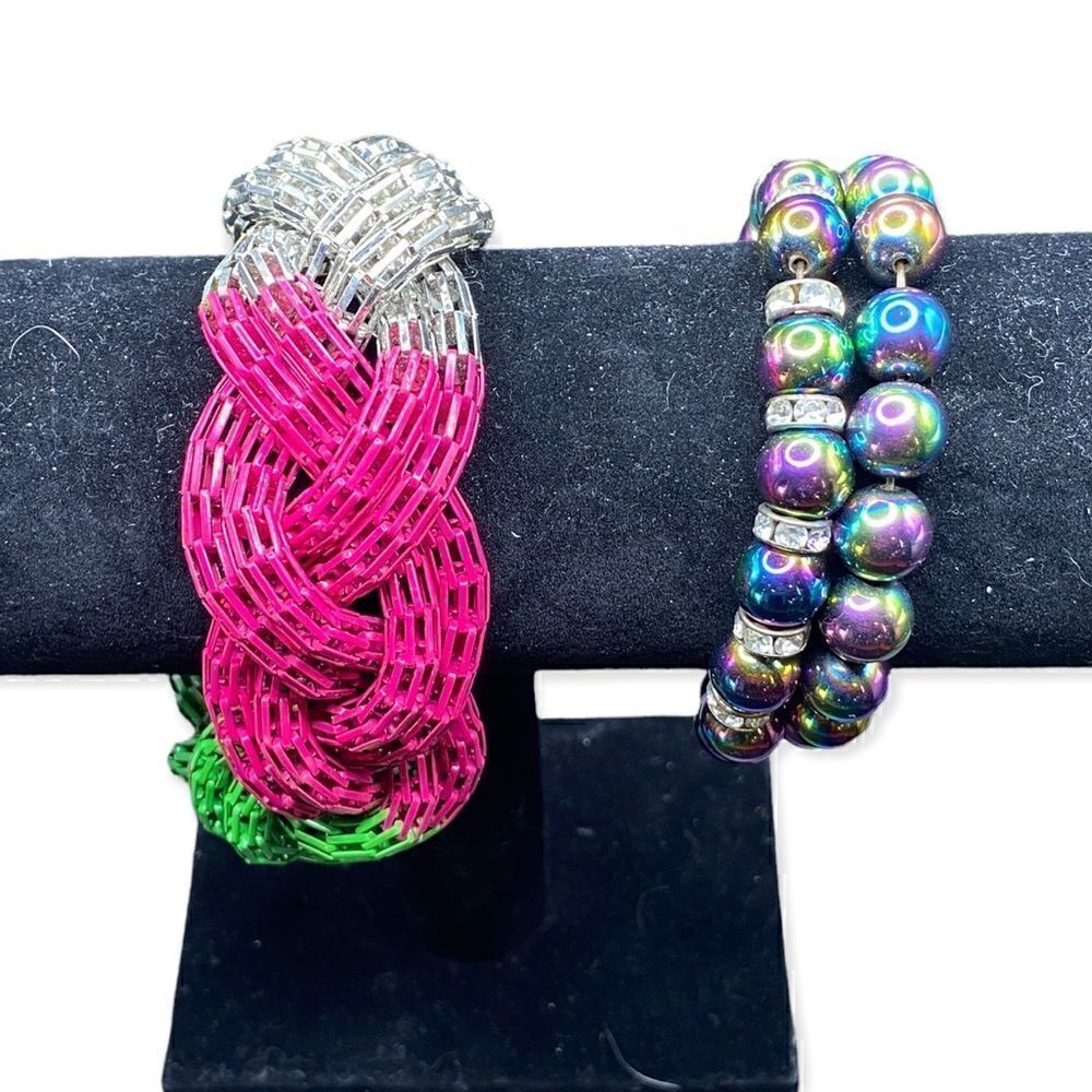 Two black iridescent magnetic stretch bracelets one braided mesh bangle